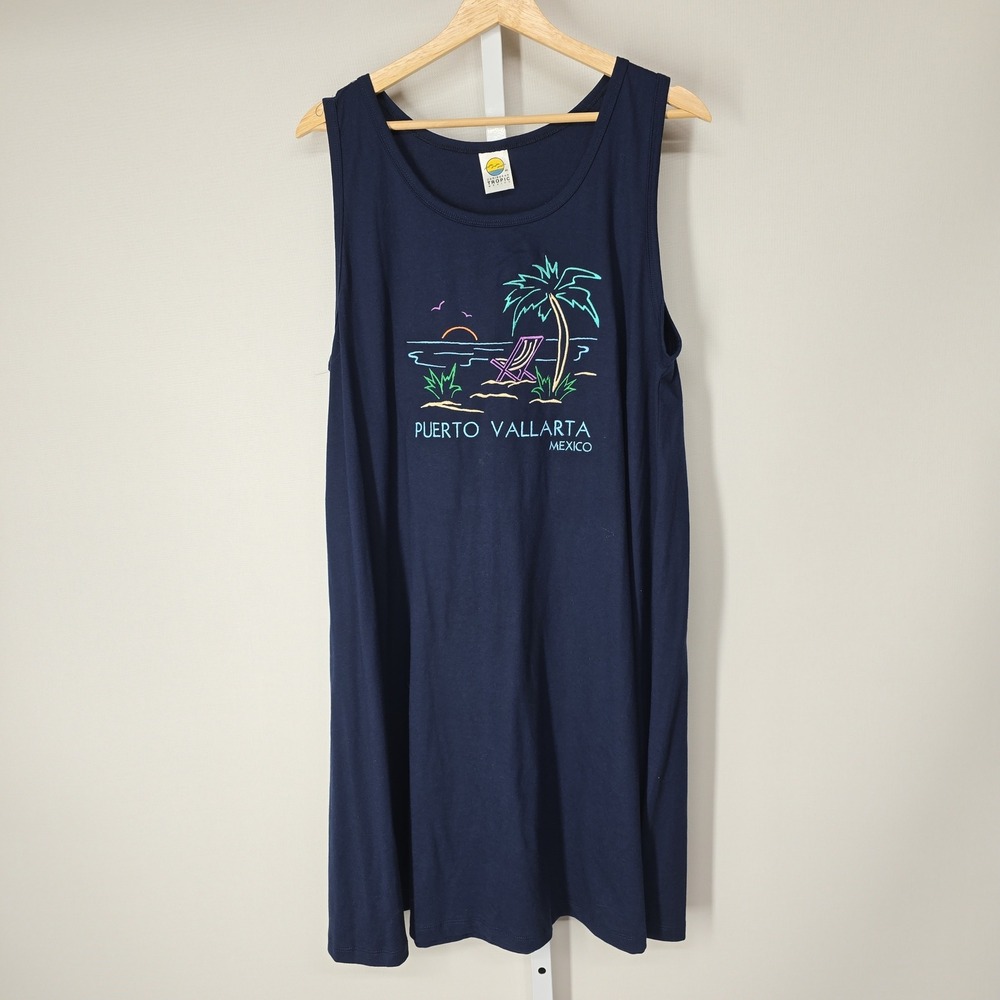 Caribbean Tropic Puerto Vallarta Mexico Tank Dress Navy Blue Palm Tree Neon L